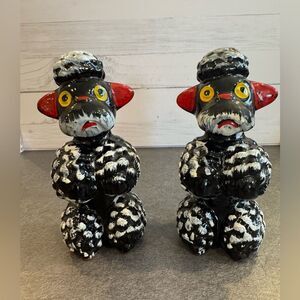 Pair of vintage black and white ceramic poodle figurines MCM redware pottery